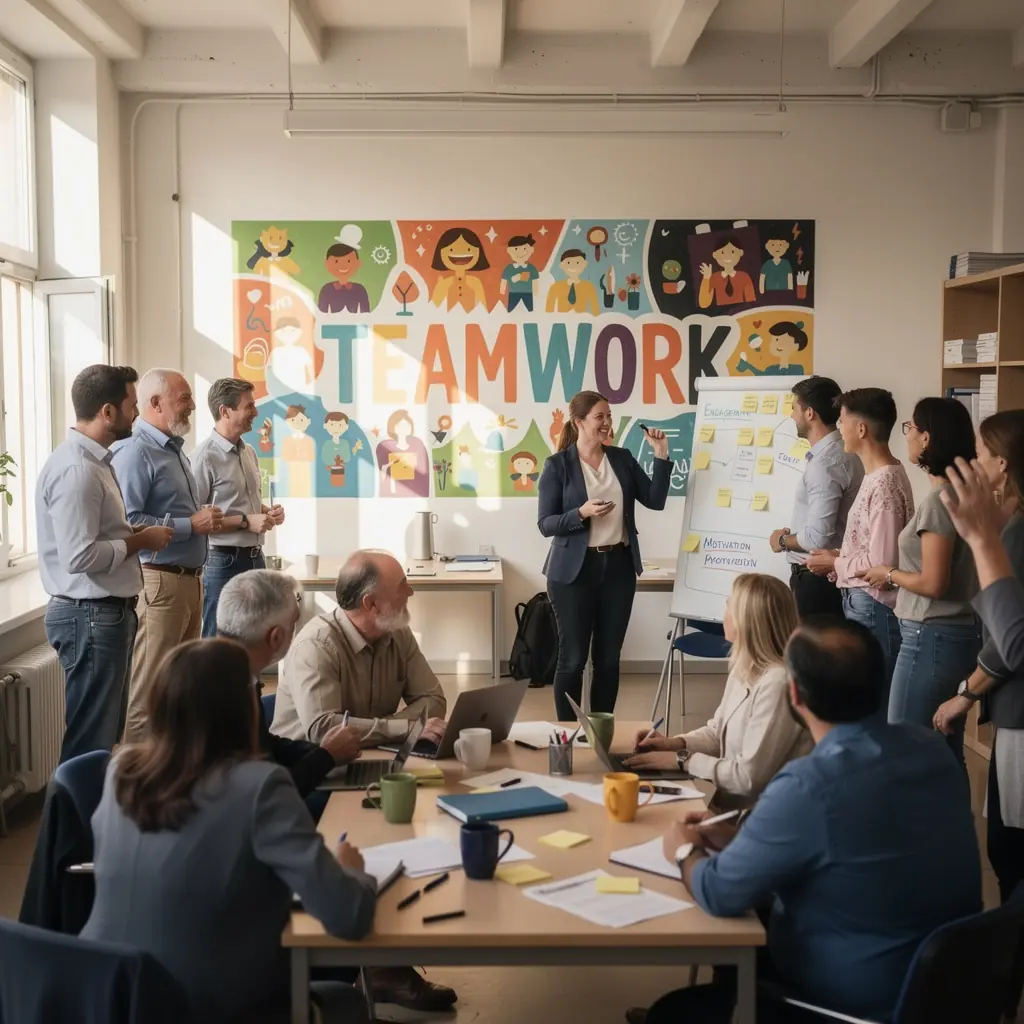 Egy tréner interaktív workshopot tart, ahol a résztvevők aktívan részt vesznek a munkaerő-felvételi technikák elsajátításában.